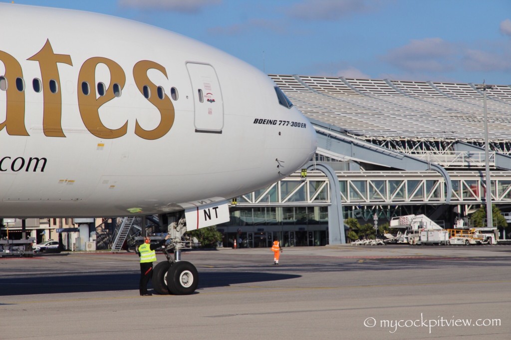 Mycockpitview. Emirates Boeing 777 pushing back in Nice. LFMN. NCE.