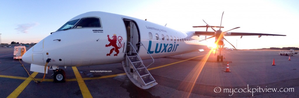 Sunrise on a Luxair Bombardier Q400, Luxembourg. Mycockpitview